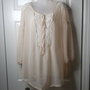 Cal Style Feminine Cottagecore Sheer Polka Dot and Lace Smock Blouse